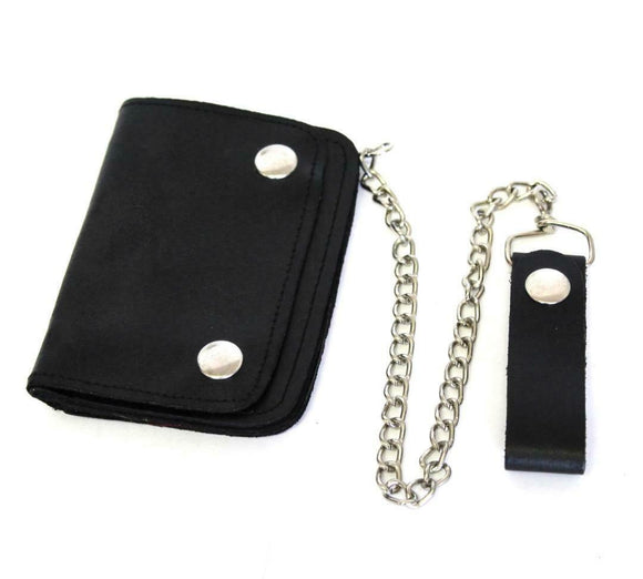 Men's Studded Tri-Fold Biker Styled Removable Chain Genuine Leather Wallet