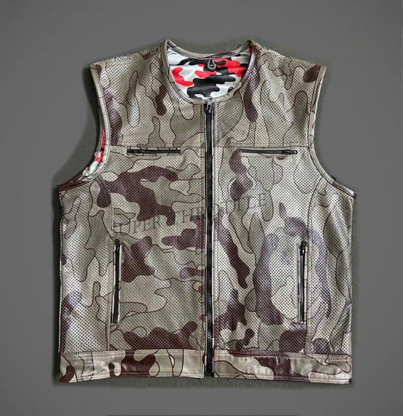 Hunt Club Style Camo Perforated Leather Men's Paisley Motorcycle Concealed Carry Leather Vest