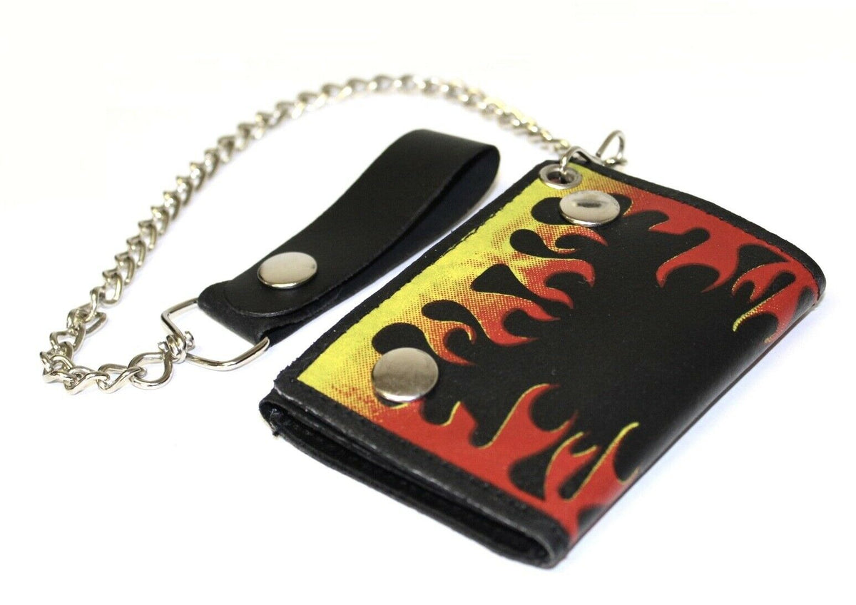 Men's Flames Tri-Fold Biker Styled Removable Chain Genuine Leather