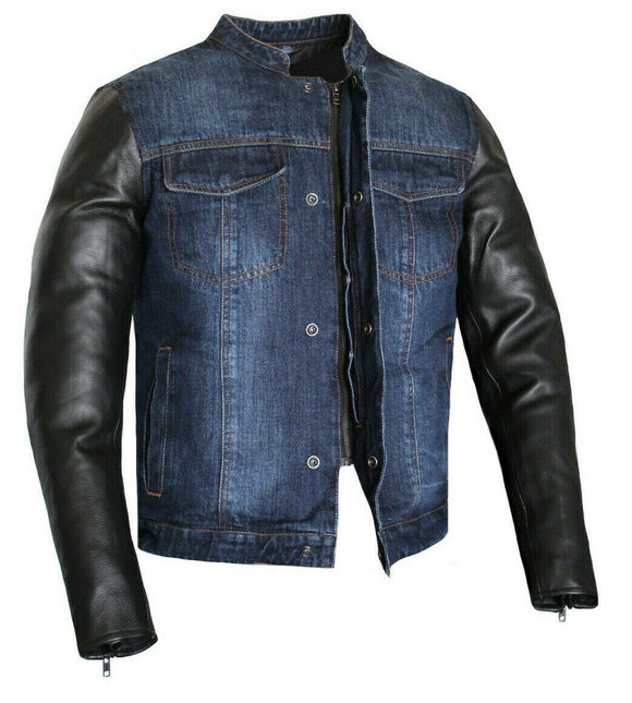 Mens Biker Style Motorcycle Blue Denim And Leather Concealed Carry Jacket