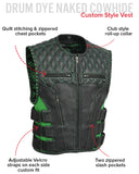 Men's Tactical Style Padded Emerald Motorcycle Leather Vest Concealed Carry