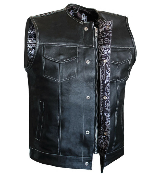 Men Paisley Club Style Collarless Biker Motorcycle Concealed Carry Leather Vest