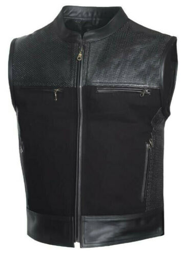 Men Motorcycle Perforated Leather Canvas Club Style Vest Concealed Carry Pockets