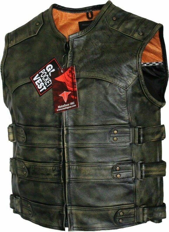 Men's Tactical Style Side Buckle Motorcycle Leather Vest Concealed Carry