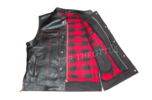 Hunt Club- Men's Motorcycle Leather Club Biker Style Red Flannel Liner Leather Vest Concealed Carry Pockets