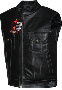 Mens Club Style Solid Leather Motorcycle Biker Leather Vest Concealed Carry