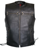 Men Side Laces Club Style Motorcycle Low Collared Concealed Carry Leather Vest