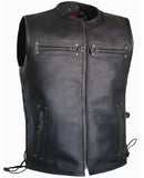 Men Side Laces Club Style Motorcycle Low Collared Concealed Carry Leather Vest