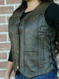 Ladies 10 Pocket Distressed Brown Motorcycle Leather Vest