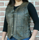 Ladies 10 Pocket Distressed Brown Motorcycle Leather Vest