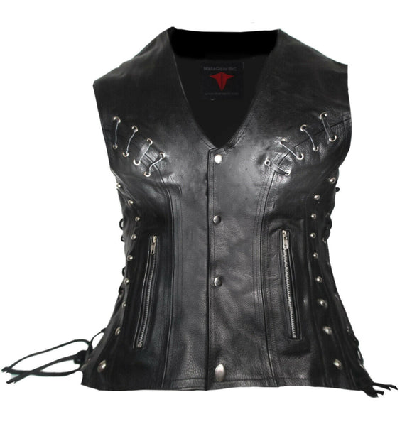 Ladies Black Braided Side Laces Motorcycle Biker Leather Concealed Carry Vest