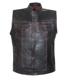 Men Red Flannel Club Style Red Stitched Motorcycle Concealed Carry Leather Vest