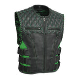 Men's Tactical Style Padded Emerald Motorcycle Leather Vest Concealed Carry
