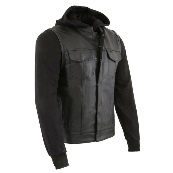 MEN'S MOTORCYCLE BIKER LEATHER VEST JACKET W/DETACHABLE HOODIE CONCEALED CARRY