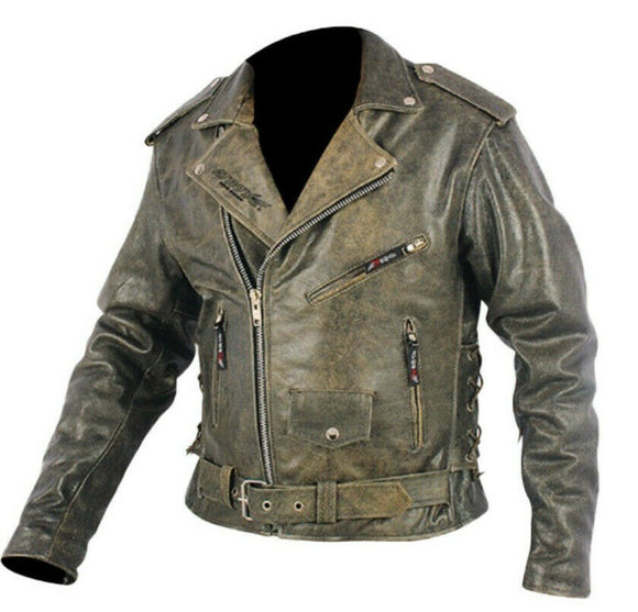 Mens Distressed Classic Side Lace Police Style Premium Cowhide Motorcycle Jacket