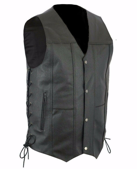 10 Pocket Men Motorcycle Biker Concealed Carry Black Leather Vest