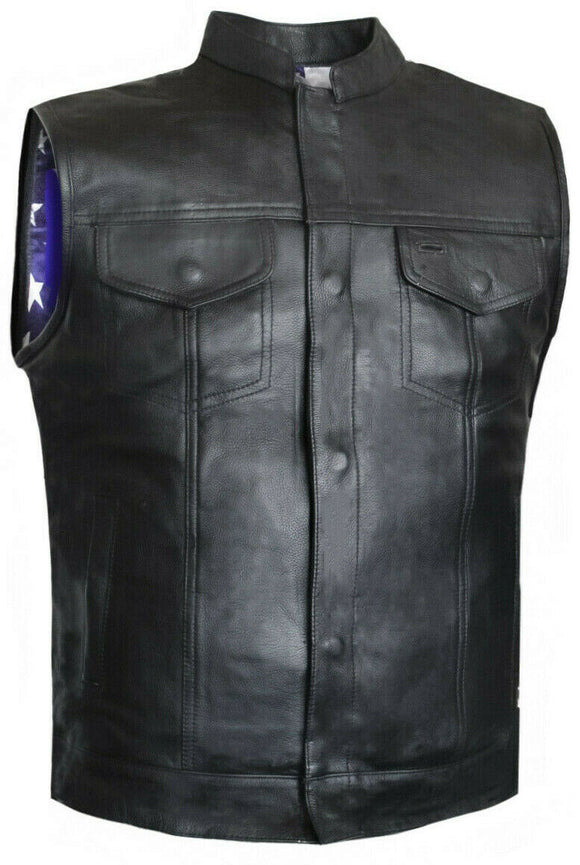 US Flag Men Club Style Biker Motorcycle Concealed Carry Leather Vest