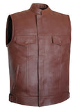 Mens Motorcycle Leather Club Vest Solid Tan Biker Concealed Carry Pockets