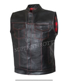 Hunt Club- Men's Motorcycle Leather Club Biker Style Red Flannel Liner Leather Vest Concealed Carry Pockets