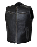 Men Gray Club Style Collarless Biker Motorcycle Concealed Carry Leather Vest