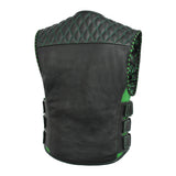 Men's Tactical Style Padded Emerald Motorcycle Leather Vest Concealed Carry