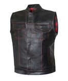 Men Red Flannel Club Style Red Stitched Motorcycle Concealed Carry Leather Vest