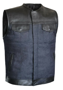 MEN'S MOTORCYCLE BUE DENIM PREMIUM LEATHER CONCEALED CARRY VEST