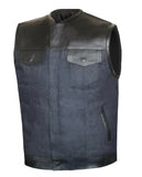 MEN'S MOTORCYCLE BUE DENIM PREMIUM LEATHER CONCEALED CARRY VEST