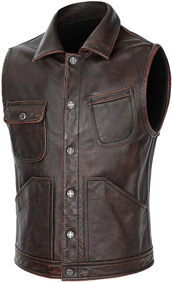 Mens Classic Collared Zipper Brown Motorcycle Biker Concealed Carry Leather Vest