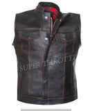 Hunt Club- Men's Motorcycle Leather Club Biker Style Red Flannel Liner Leather Vest Concealed Carry Pockets