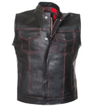 Men Red Flannel Club Style Red Stitched Motorcycle Concealed Carry Leather Vest