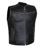 Men Gray Club Style Collarless Biker Motorcycle Concealed Carry Leather Vest