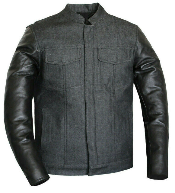 Mens Biker Style Motorcycle Black Denim And Leather Concealed Carry Jacket