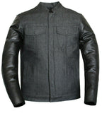 Mens Biker Style Motorcycle Black Denim And Leather Concealed Carry Jacket