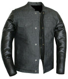 Mens Biker Style Motorcycle Black Denim And Leather Concealed Carry Jacket