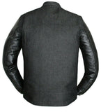 Mens Biker Style Motorcycle Black Denim And Leather Concealed Carry Jacket