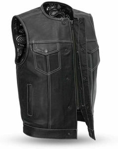 Men SOA Paisley Club Style Collarless Biker Motorcycle Concealed Leather Vest