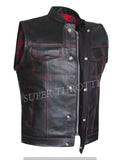 Hunt Club- Men's Motorcycle Leather Club Biker Style Red Flannel Liner Leather Vest Concealed Carry Pockets