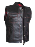 Men Red Flannel Club Style Red Stitched Motorcycle Concealed Carry Leather Vest