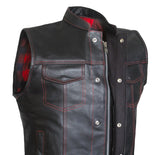 Men Red Flannel Club Style Red Stitched Motorcycle Concealed Carry Leather Vest