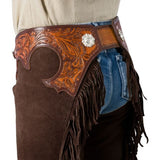 Handmade Men Fringe Suede Tooled Chocolate Western Cowboy Leather Chaps