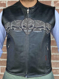 Mens Collarless Skulls Leather Motorcycle Biker Leather Vest Concealed Carry