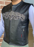 Mens Collarless Skulls Leather Motorcycle Biker Leather Vest Concealed Carry