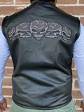 Mens Collarless Skulls Leather Motorcycle Biker Leather Vest Concealed Carry