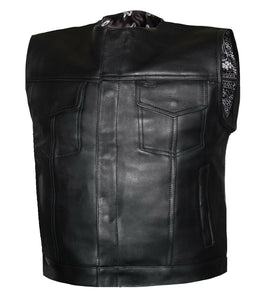 Mens Paisley Black Lowside Club Style Motorcycle Concealed Carry Leather Vest