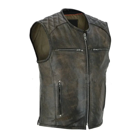 Mens Vintage Distressed Brown Cafe Racer Leather Motorcycle Biker SOA Style Vest Concealed Carry