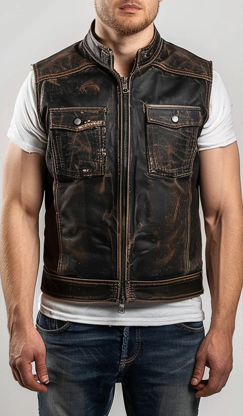 Men's Antonio Brown Distressed Leather Motorcycle Concealed Carry Leather Vest