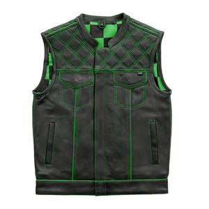 Hunt Club Style Diamond Stitched Braided Green Checker Men's Club Motorcycle Concealed Carry Leather Vest