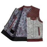 Hunt Club Style Diamond Stitched Distressed White Paisley Men's Club Motorcycle Concealed Carry Leather Vest