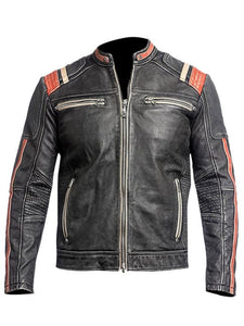 Mens Distressed Gray Cafe Racer Biker Style Motorcycle Leather Jacket